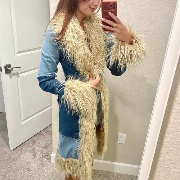 Vintage 90s inspired denim faux fur long lined maxi jacket - Picture 2 of 5